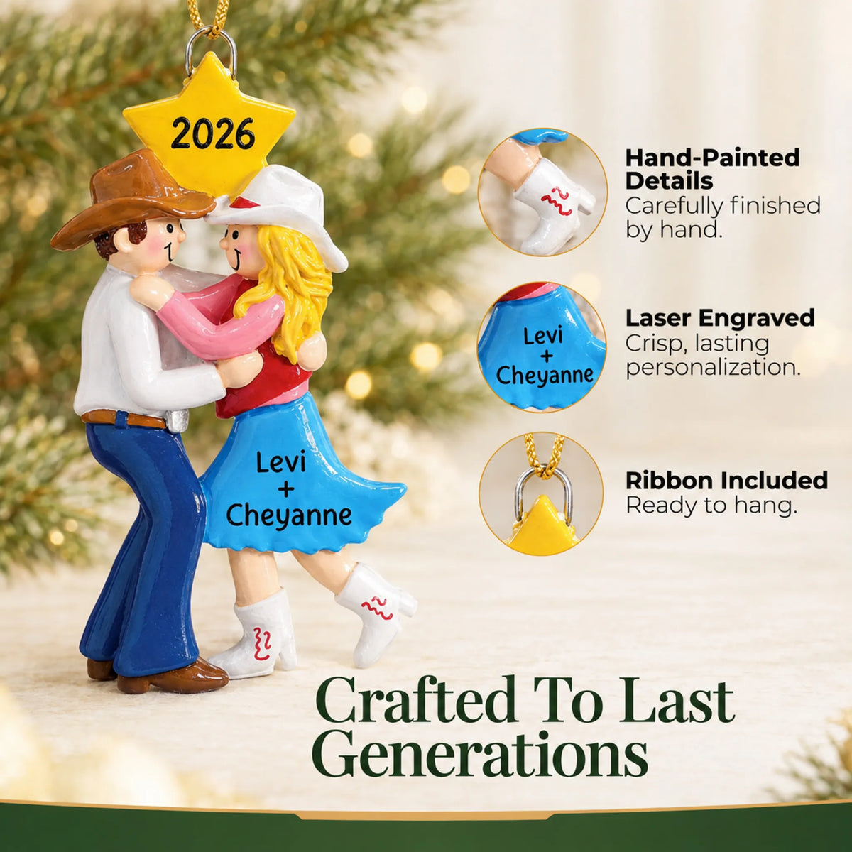 Hand-painted details and laser engraved personalization on the western dancing couple christmas ornament, ribbon included