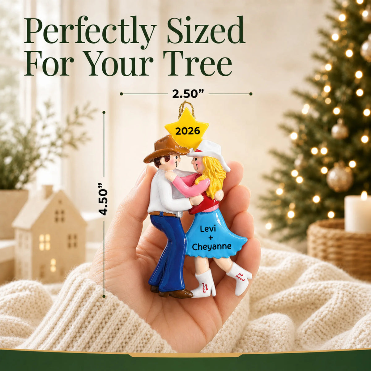 Size guide: the personalized western dancing couple christmas ornament is 2.50 in wide by 4.50 in tall, shown in hand
