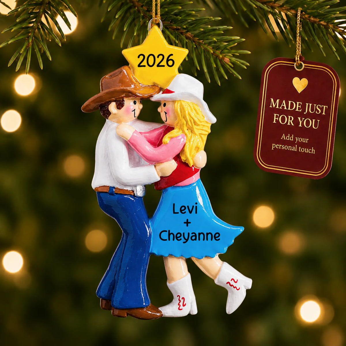 Western dancing couple christmas ornament hanging on a lit Christmas tree with a Made Just For You gift tag