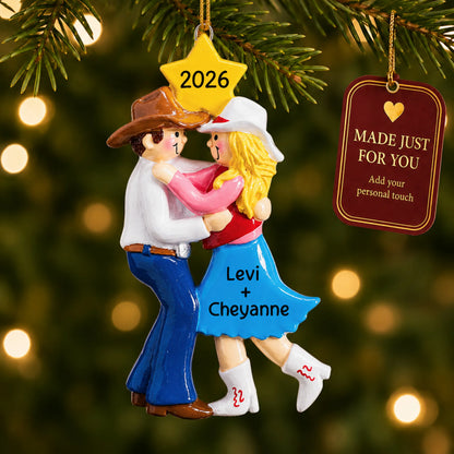 Western dancing couple christmas ornament hanging on a lit Christmas tree with a Made Just For You gift tag