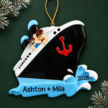 Personalized cruise ship couple christmas ornament on a dark green pine background