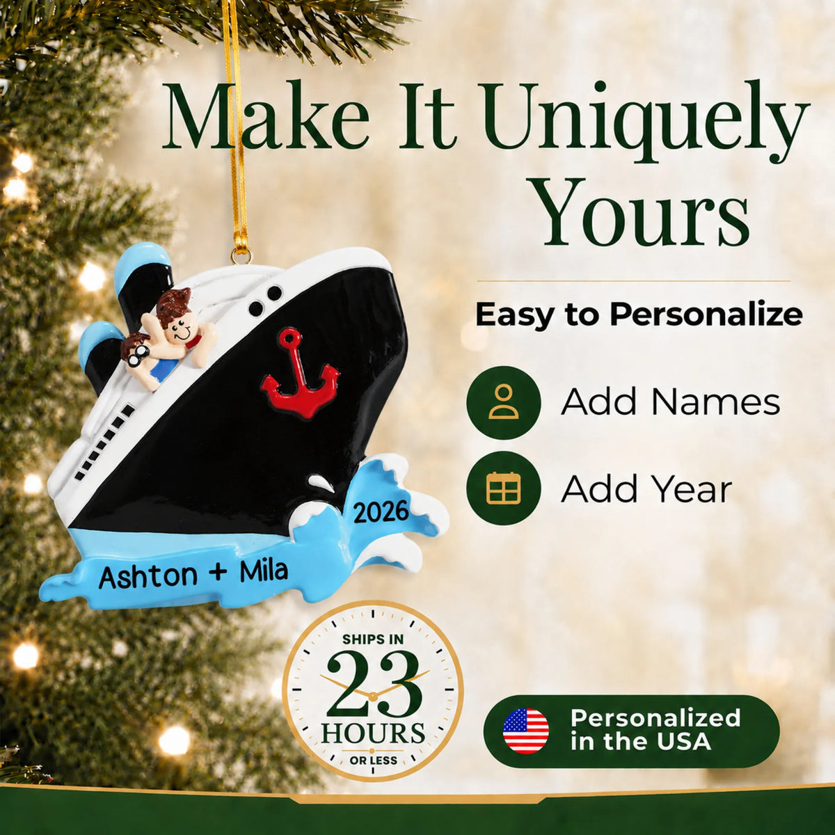 Make it yours: add names and year to the personalized cruise ship couple christmas ornament