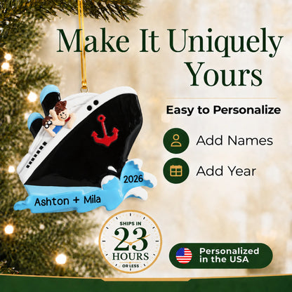 Make it yours: add names and year to the personalized cruise ship couple christmas ornament