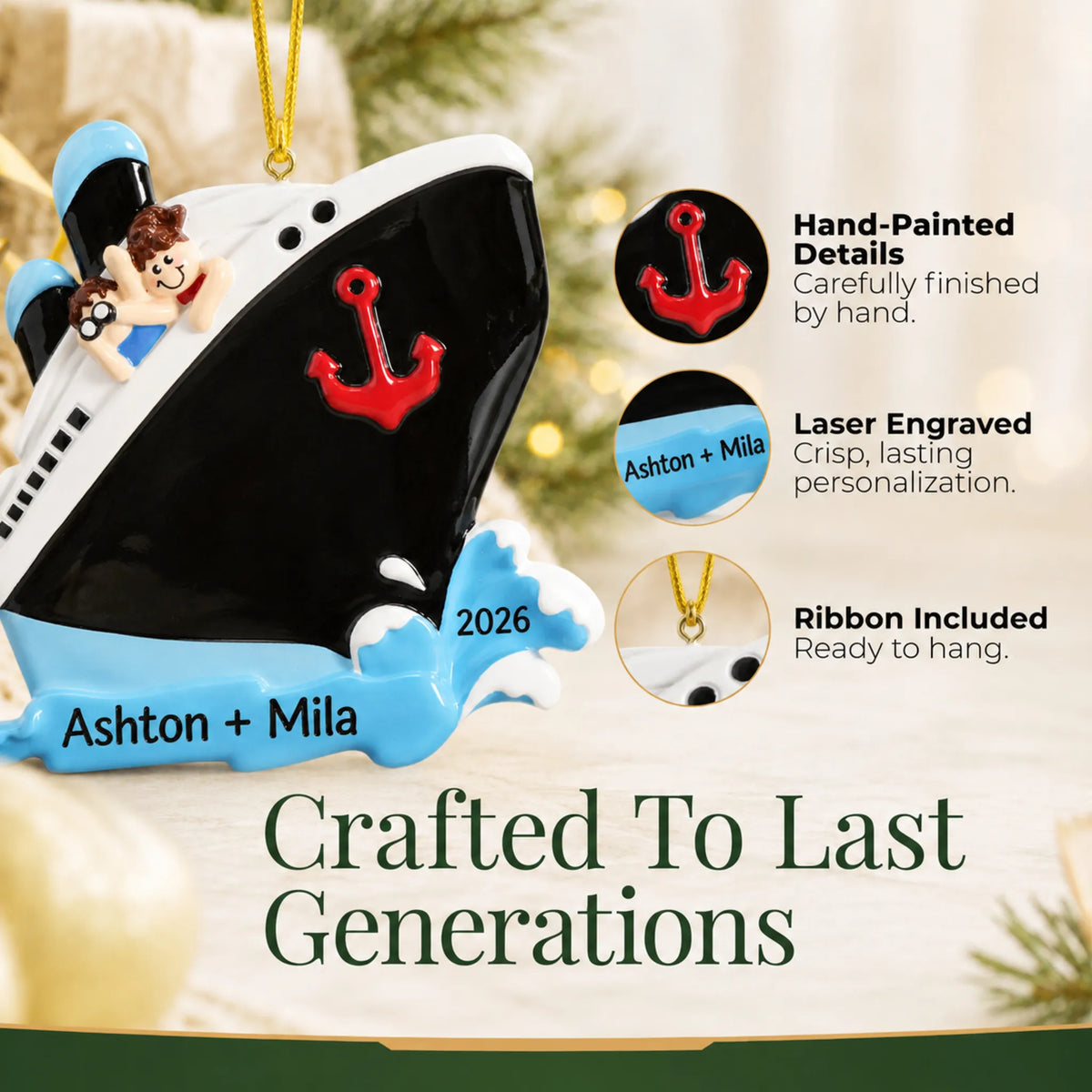 Hand-painted details and laser engraved personalization on the cruise ship couple christmas ornament, ribbon included