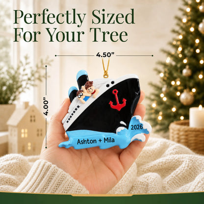 Size guide: the personalized cruise ship couple christmas ornament is 4.50 in wide by 4.00 in tall, shown in hand