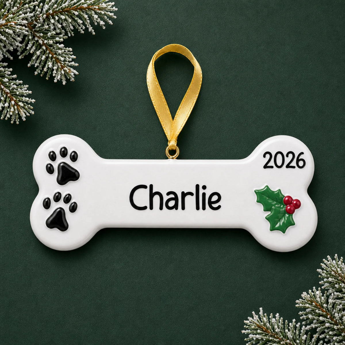Personalized White Dog Bone christmas ornament on a dark green pine background