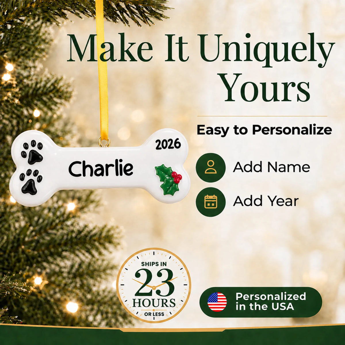 Make it yours: personalize the White Dog Bone christmas ornament with your dog's name and the year