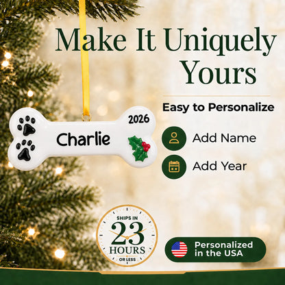 Make it yours: personalize the White Dog Bone christmas ornament with your dog's name and the year