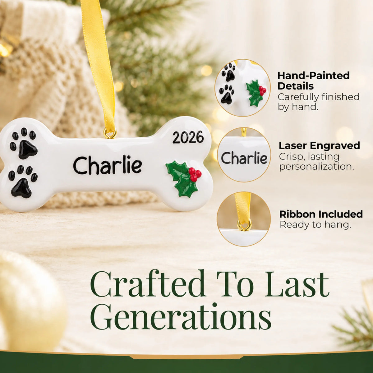Hand-painted, laser engraved White Dog Bone christmas ornament, ribbon included