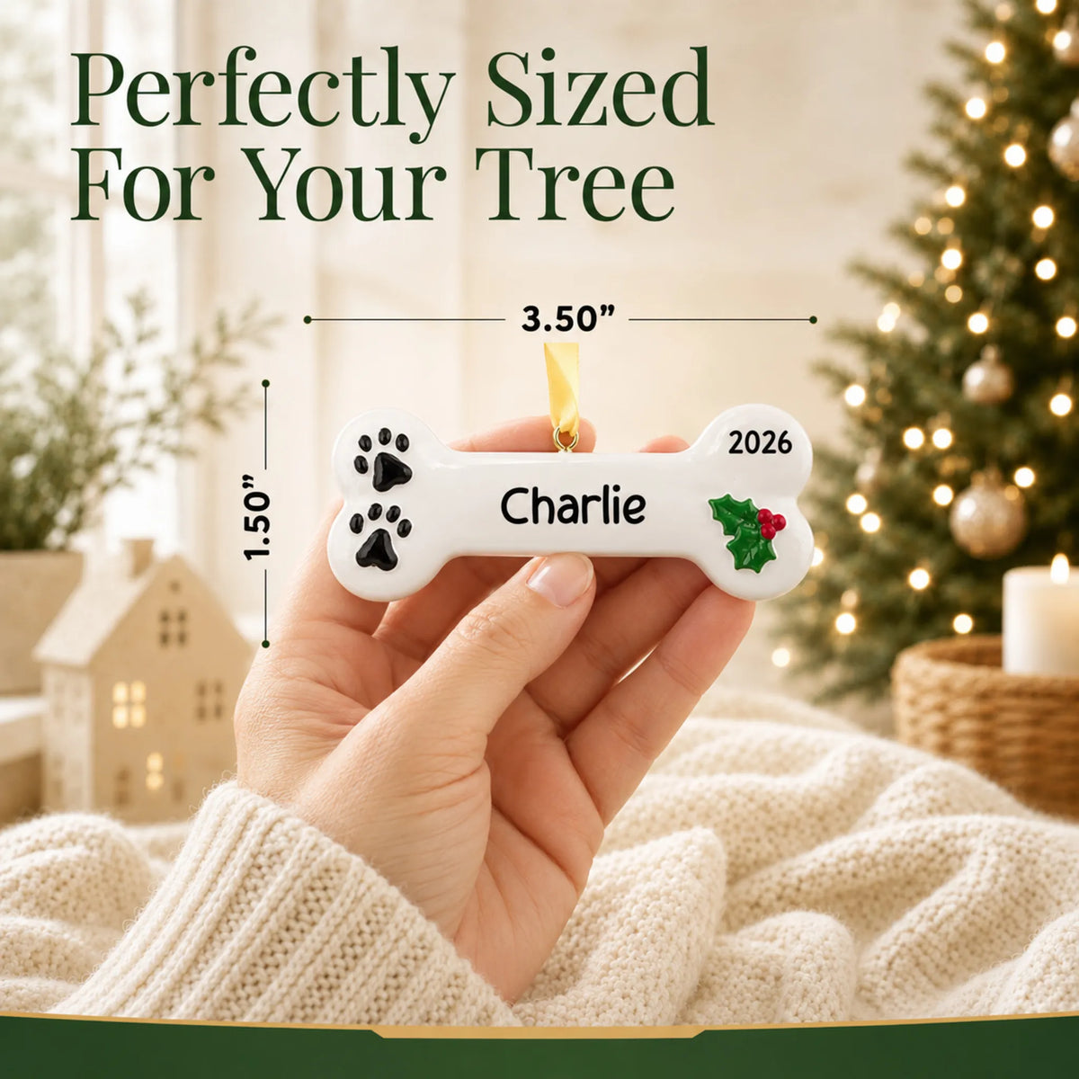 Size guide: the personalized White Dog Bone christmas ornament is 3.50 in wide by 1.50 in tall, shown in hand