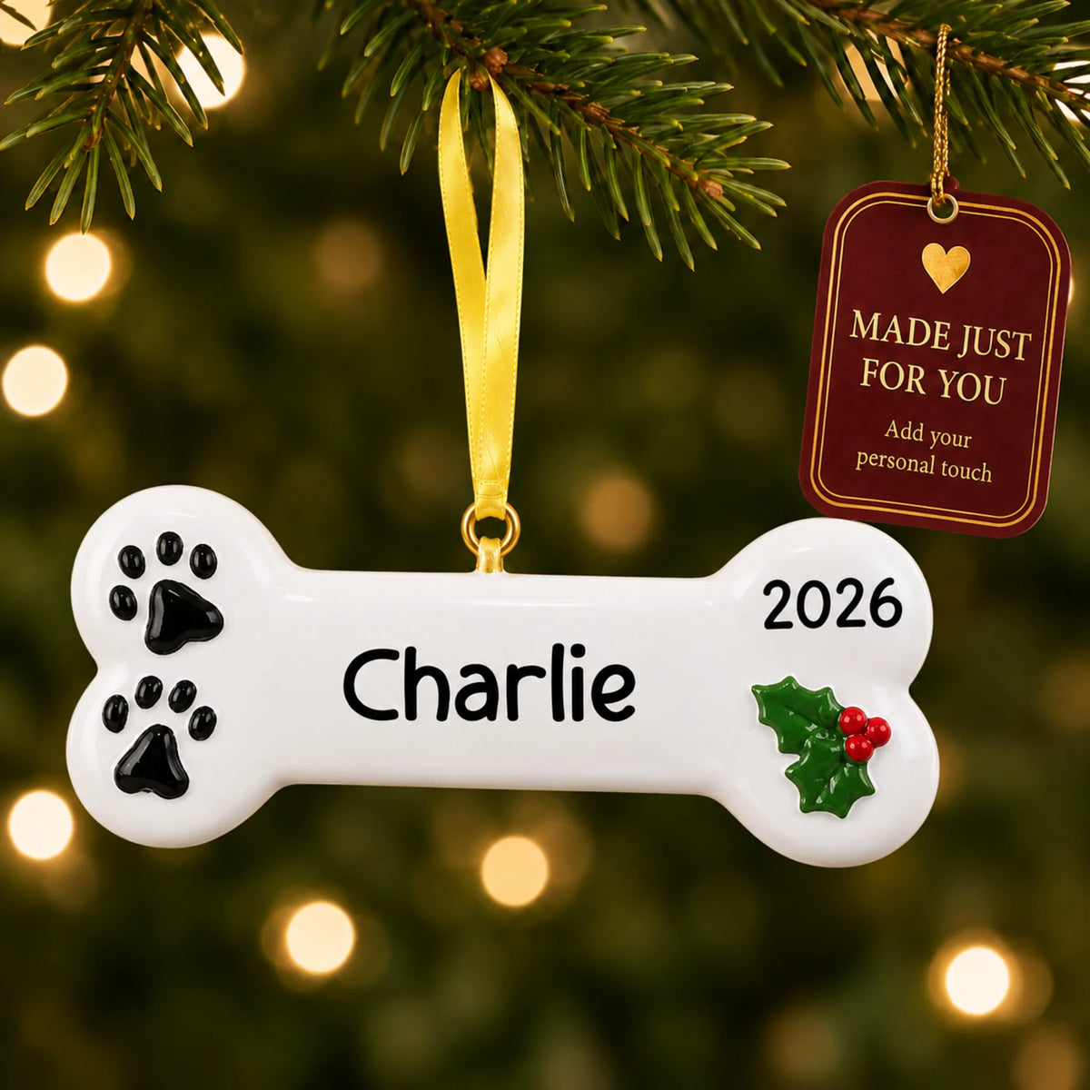 White Dog Bone christmas ornament hanging on a lit Christmas tree with a Made Just For You gift tag