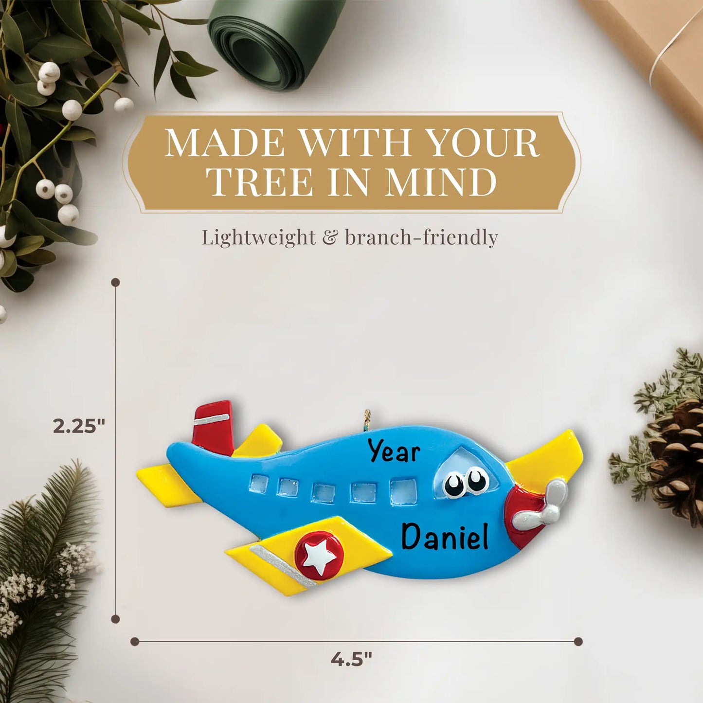 Adorno navideño de avión azul 