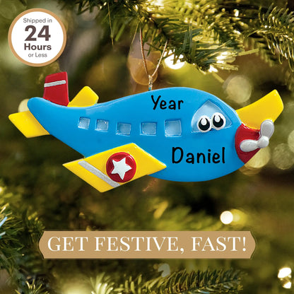 Adorno navideño de avión azul 