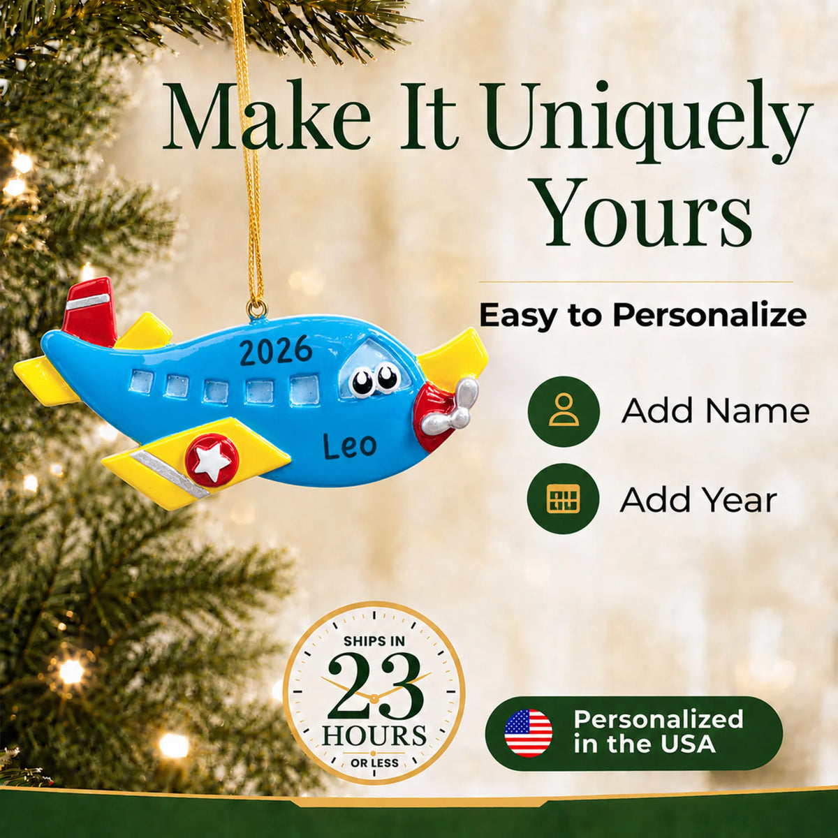 Make it yours: add name and year to the personalized blue airplane christmas ornament