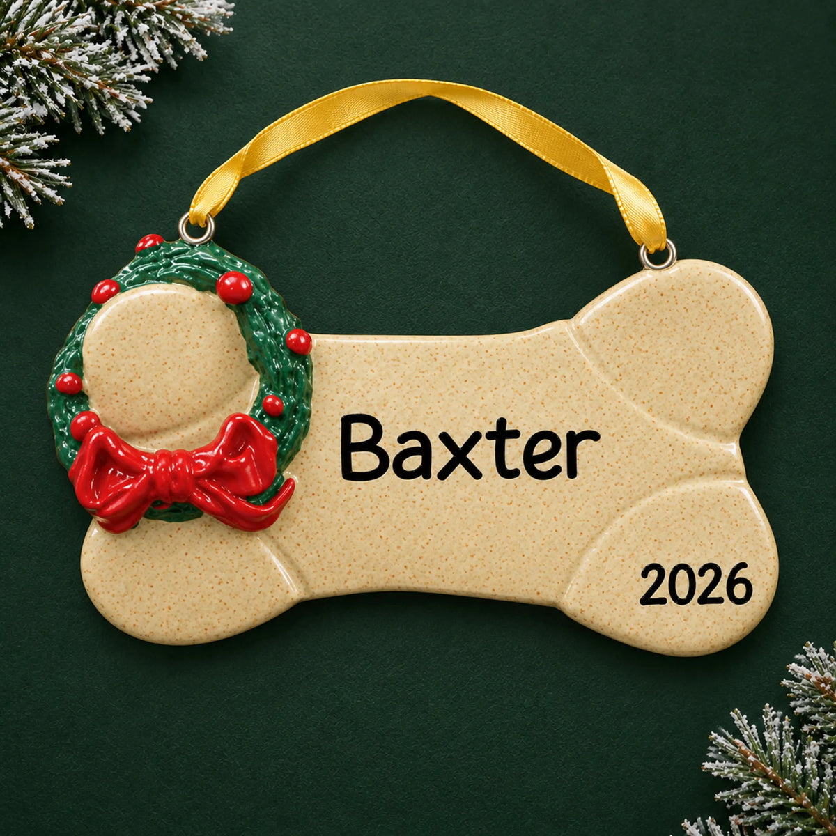 Personalized Brown Dog Bone christmas ornament on a dark green pine background