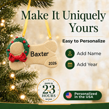Make it yours: personalize the Brown Dog Bone christmas ornament with your dog's name and the year
