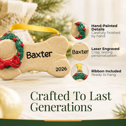 Hand-painted, laser engraved Brown Dog Bone christmas ornament, ribbon included