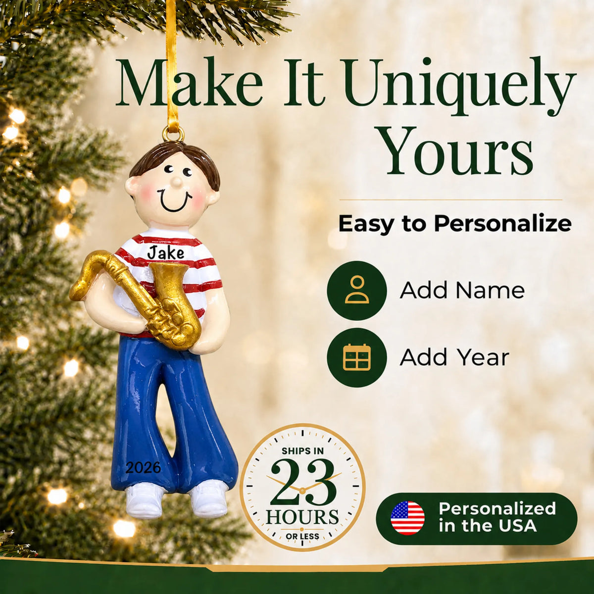 Make it yours: add name and year to the personalized saxophone boy christmas ornament