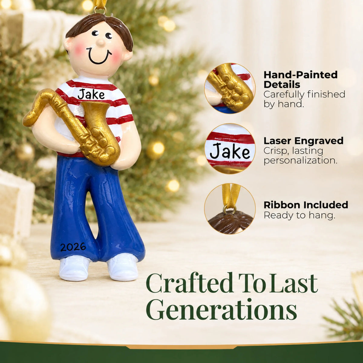 Hand-painted details and laser engraved personalization on the saxophone boy christmas ornament, ribbon included