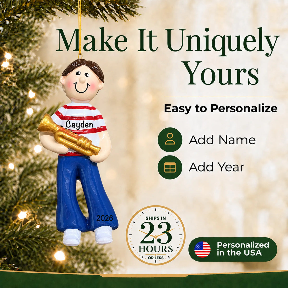 Make it yours: add name and year to the personalized trumpet boy christmas ornament