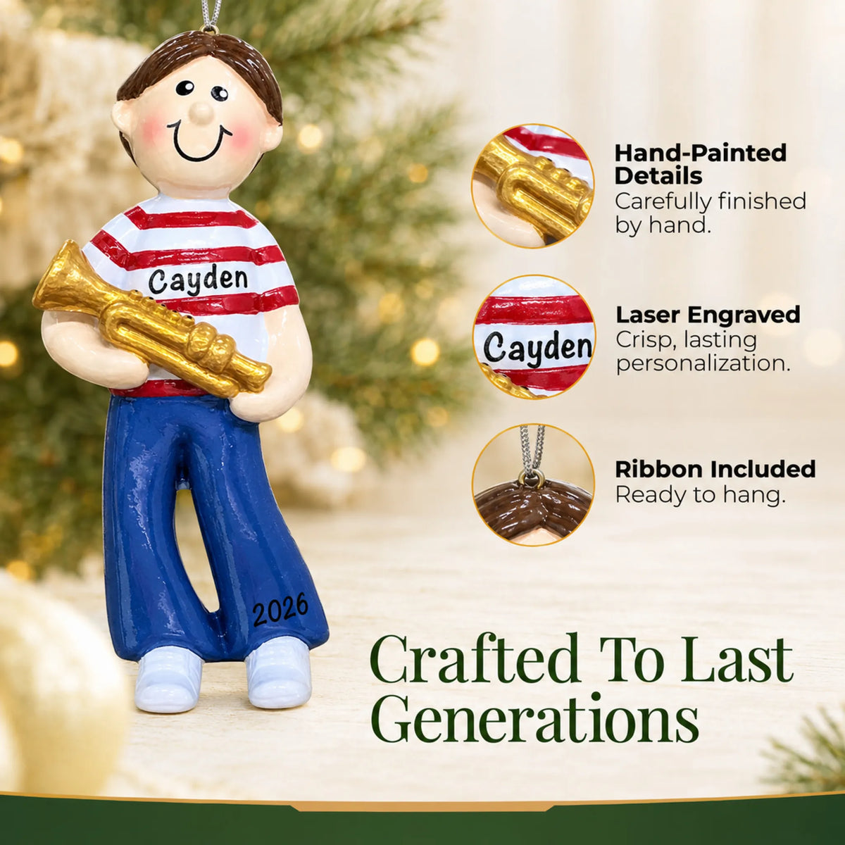Hand-painted details and laser engraved personalization on the trumpet boy christmas ornament, ribbon included