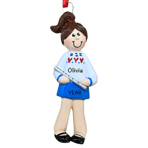 Personalized flute girl ornament in a festive sweater, hand-lettered with a name and year