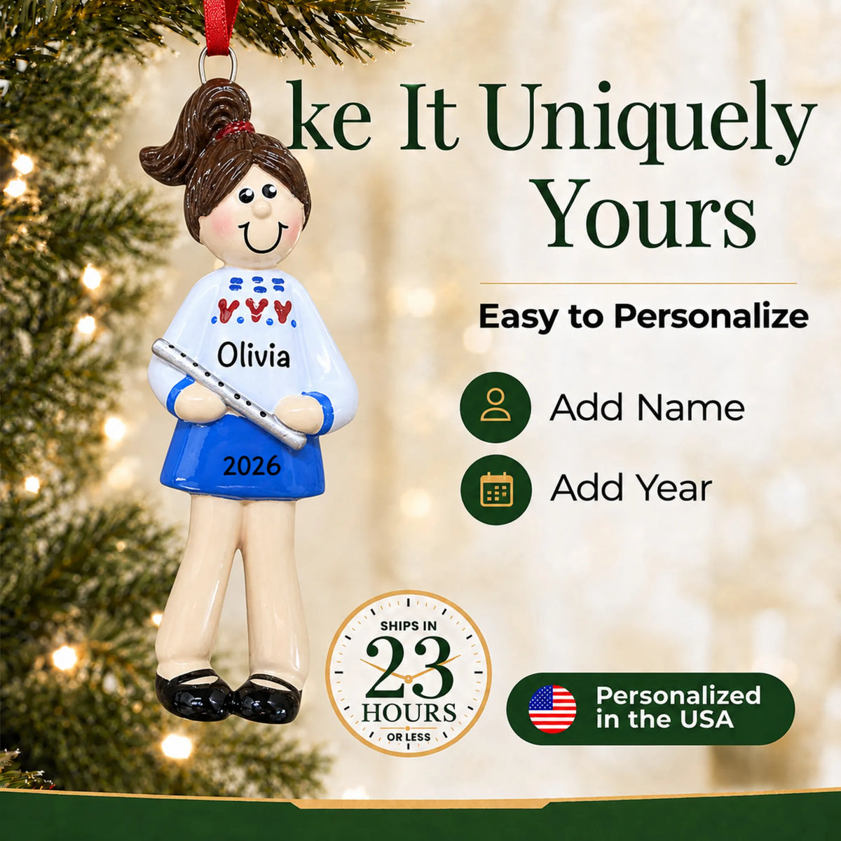 Make it yours: add name and year to the personalized flute girl christmas ornament