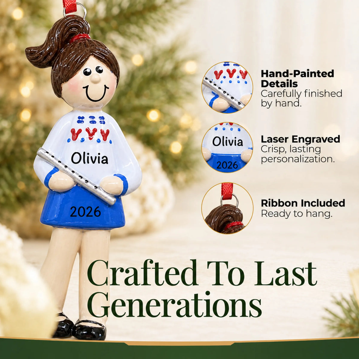 Hand-painted details and laser engraved personalization on the flute girl christmas ornament, ribbon included