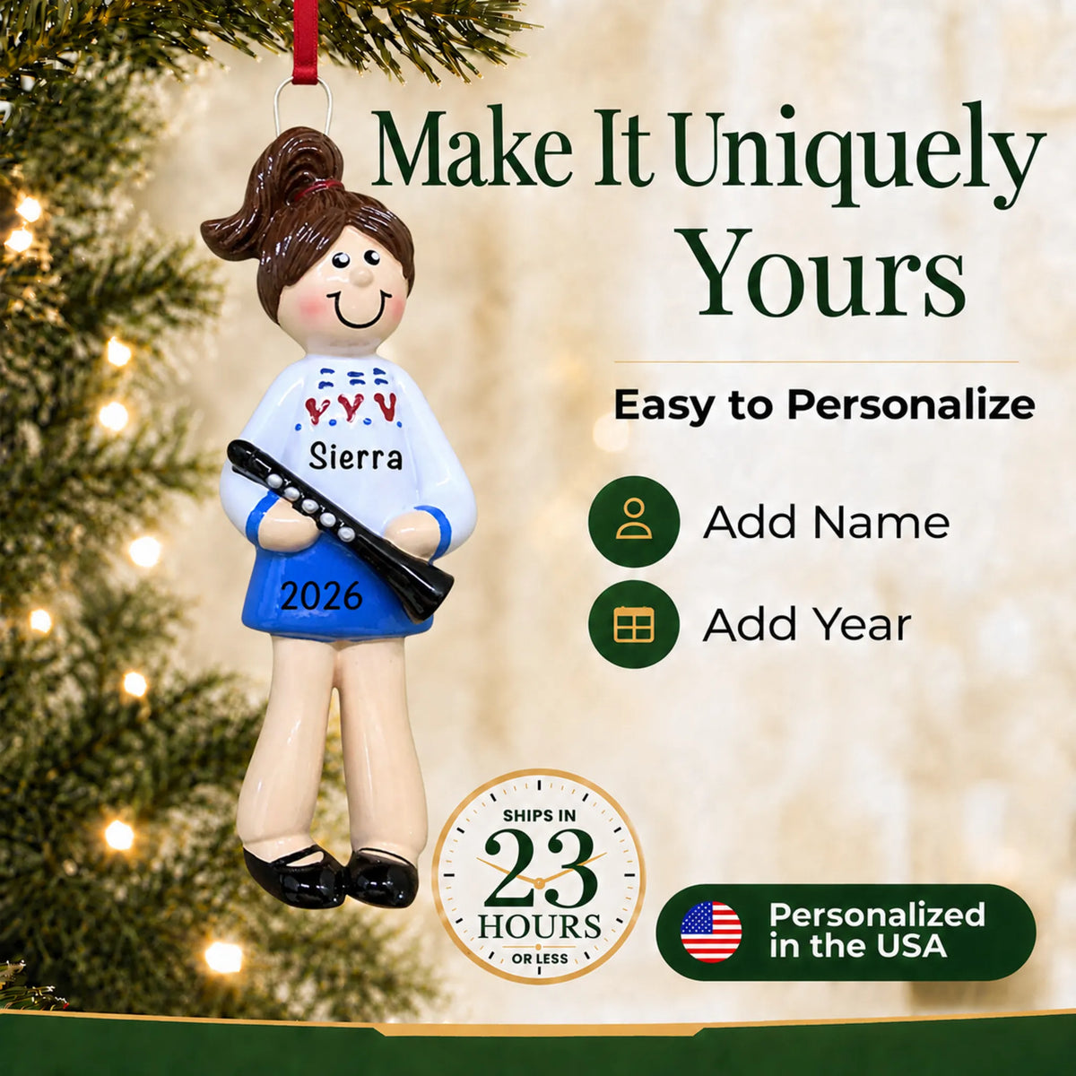 Make it yours: add name and year to the personalized clarinet girl christmas ornament