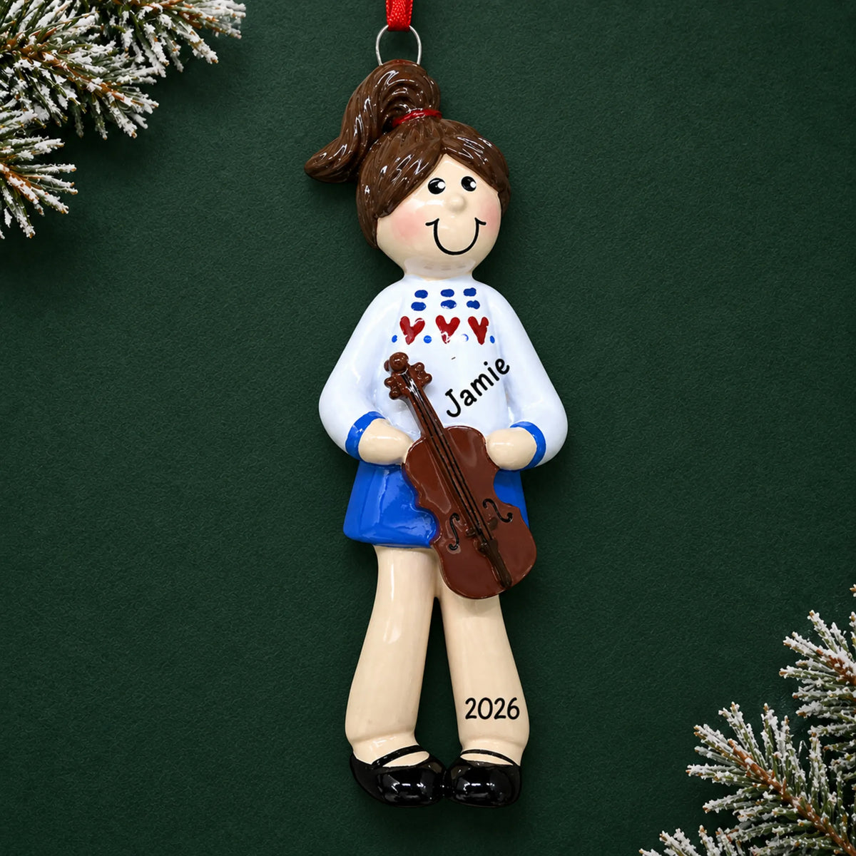 Personalized violin girl christmas ornament on a dark green pine background