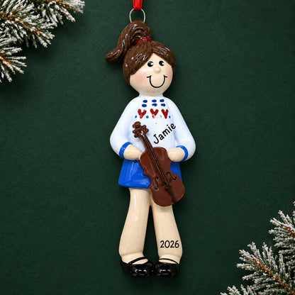 Personalized violin girl christmas ornament on a dark green pine background
