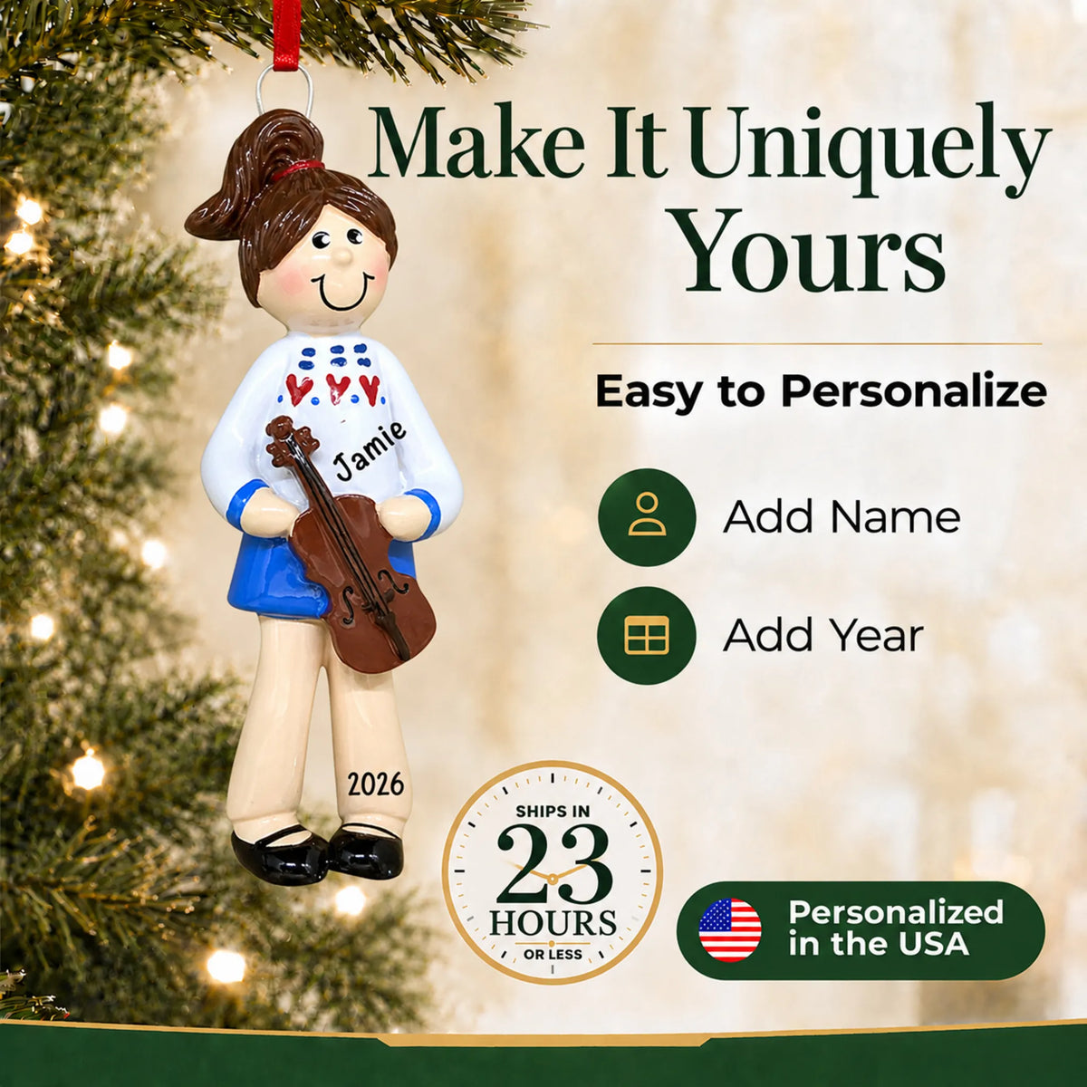 Make it yours: add name and year to the personalized violin girl christmas ornament