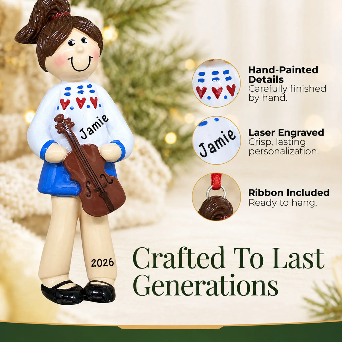 Hand-painted details and laser engraved personalization on the violin girl christmas ornament, ribbon included