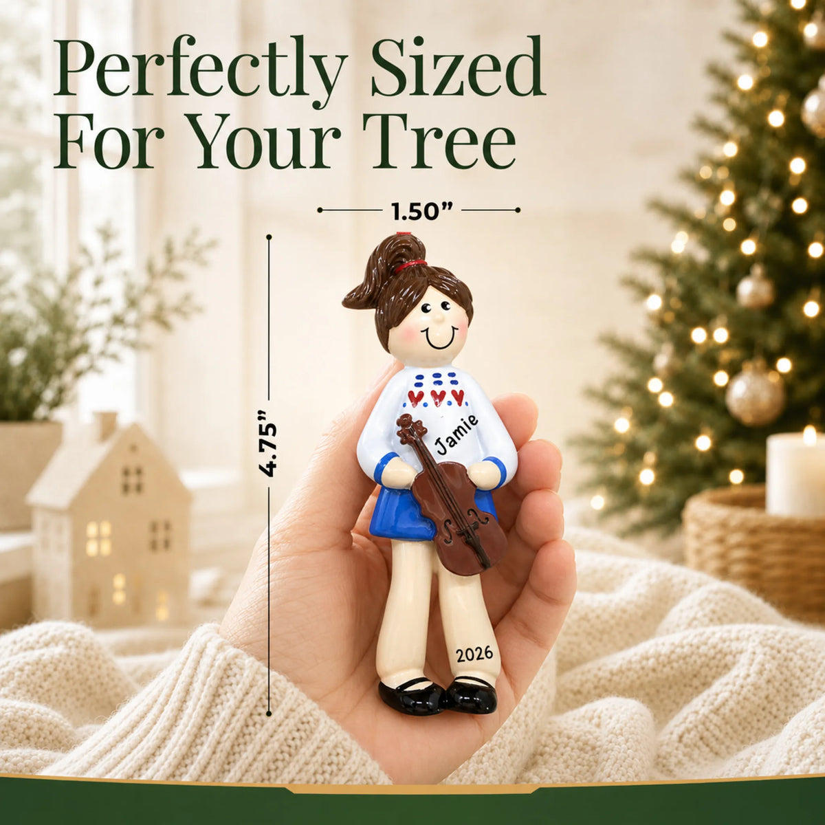 Size guide: the personalized violin girl christmas ornament is 1.50 in wide by 4.75 in tall, shown in hand