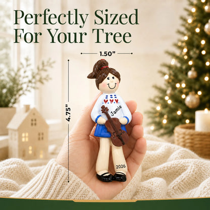 Size guide: the personalized violin girl christmas ornament is 1.50 in wide by 4.75 in tall, shown in hand
