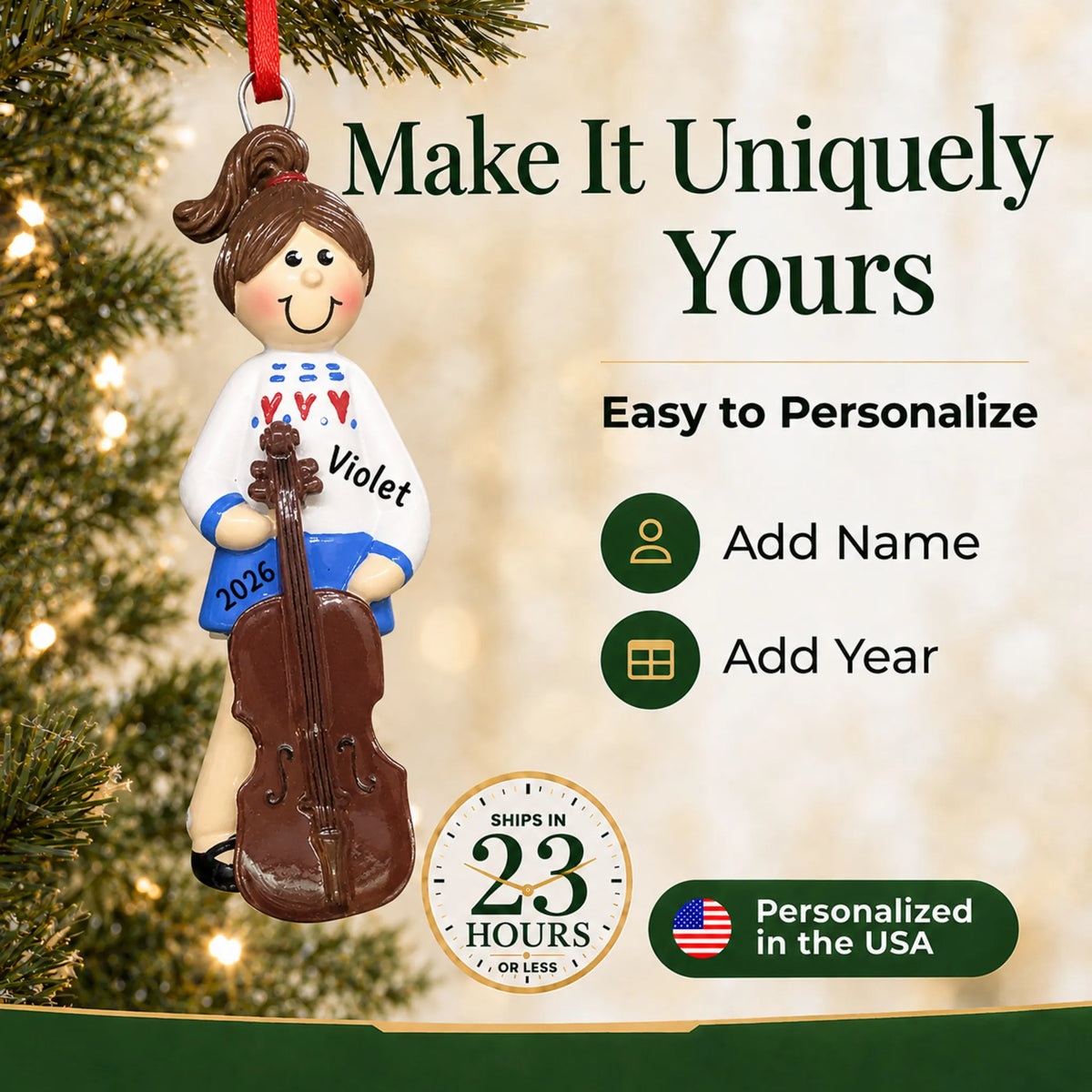 Make it yours: add name and year to the personalized cello girl christmas ornament