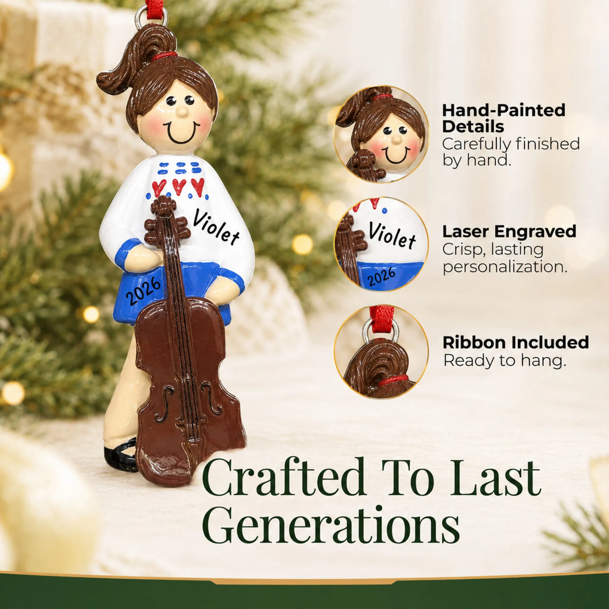 Hand-painted details and laser engraved personalization on the cello girl christmas ornament, ribbon included