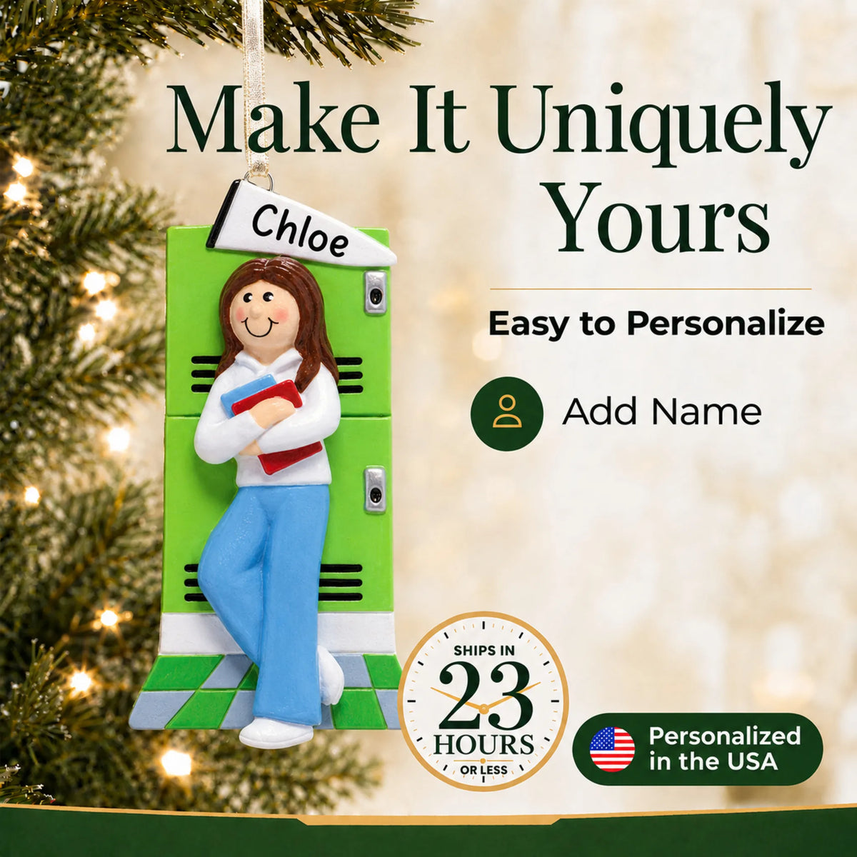 Personalize the brunette school girl Christmas ornament with your details, ships in 23 hours, personalized in the USA