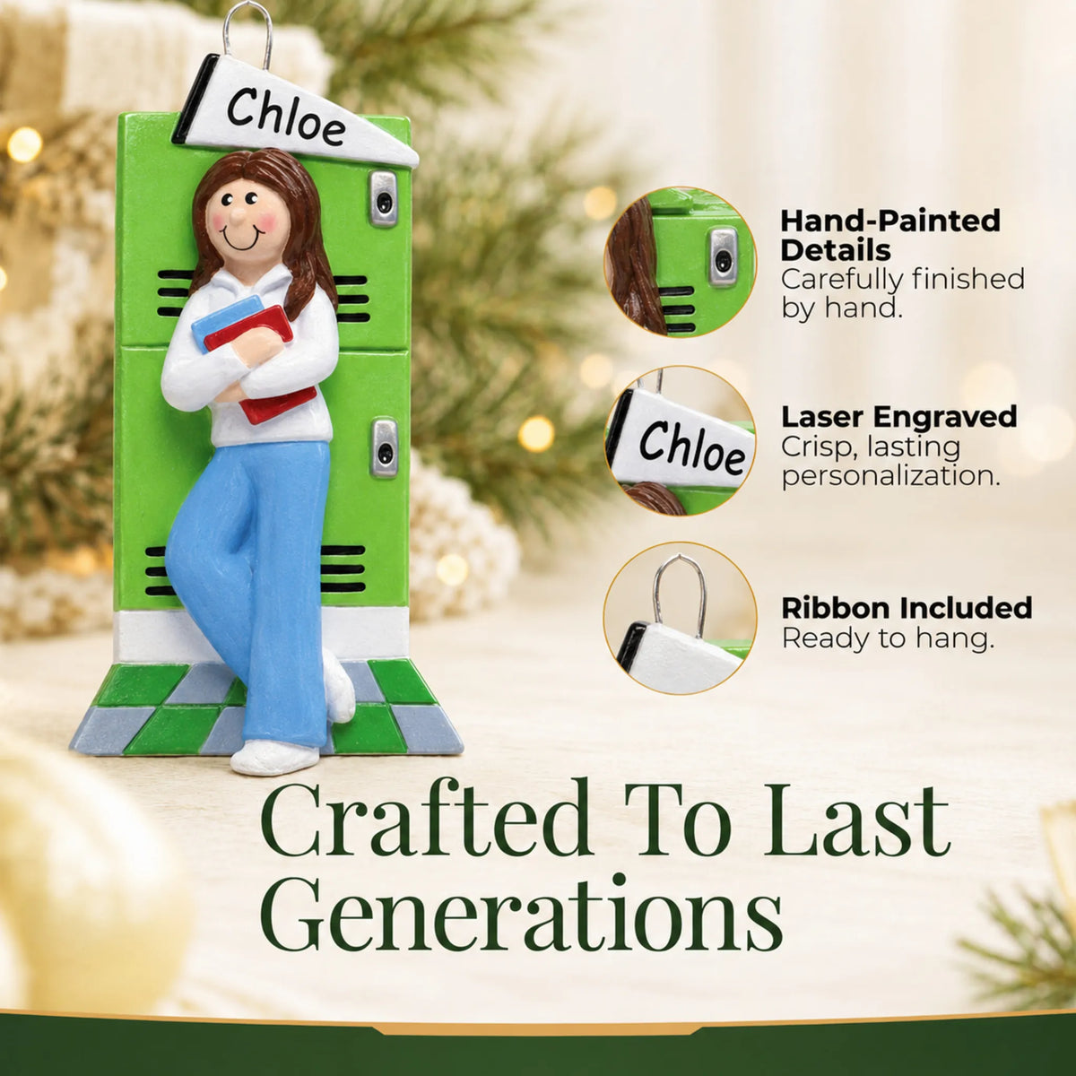 Close-up of the brunette school girl Christmas ornament: hand-painted finish, laser engraving, ribbon included