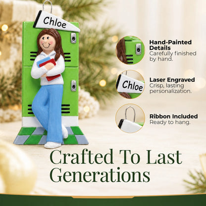 Close-up of the brunette school girl Christmas ornament: hand-painted finish, laser engraving, ribbon included