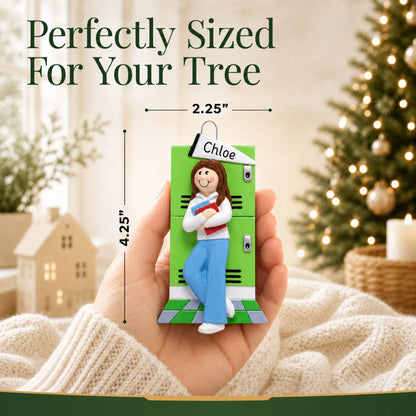 Personalized brunette school girl Christmas ornament held in hand to show its size on the tree