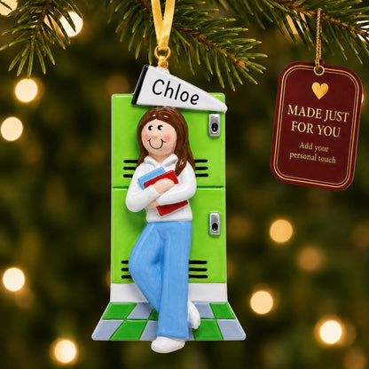 Personalized brunette school girl Christmas ornament hanging among tree lights with a Made Just For You tag