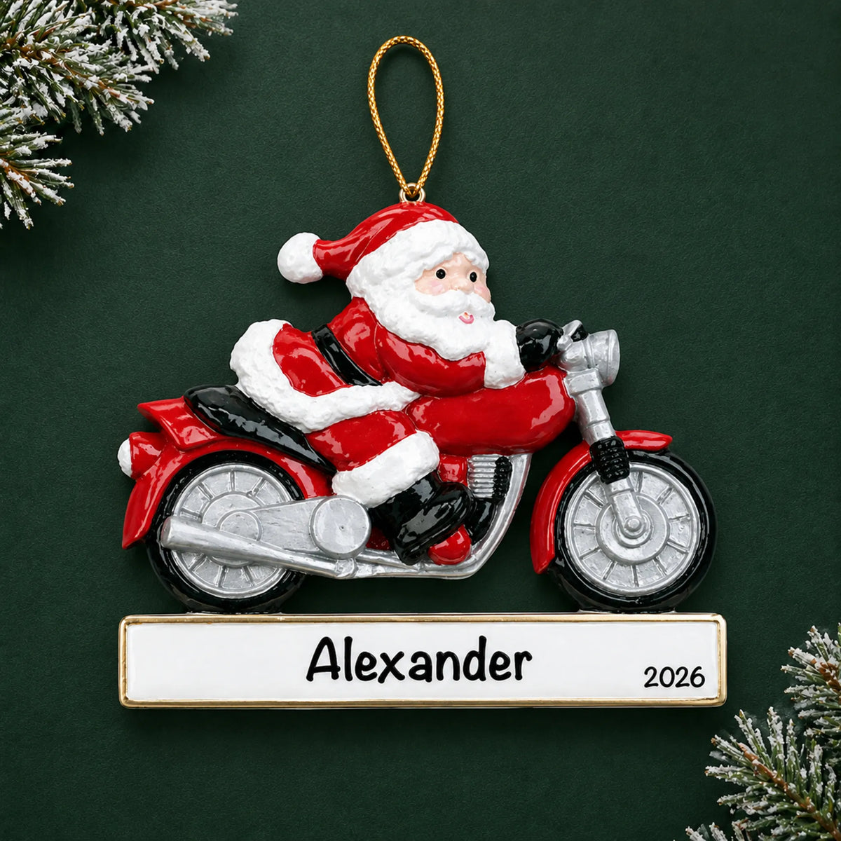 Personalized Santa Motorcycle christmas ornament on a dark green pine background