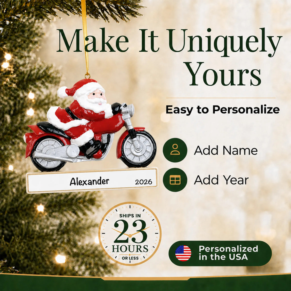 Make it yours: personalize the Santa Motorcycle christmas ornament