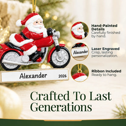 Hand-painted details and laser engraved personalization on the Santa Motorcycle christmas ornament, ribbon included
