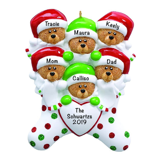 7-6 Stocking Cap Bears Family of 6 Personalized Christmas Ornament