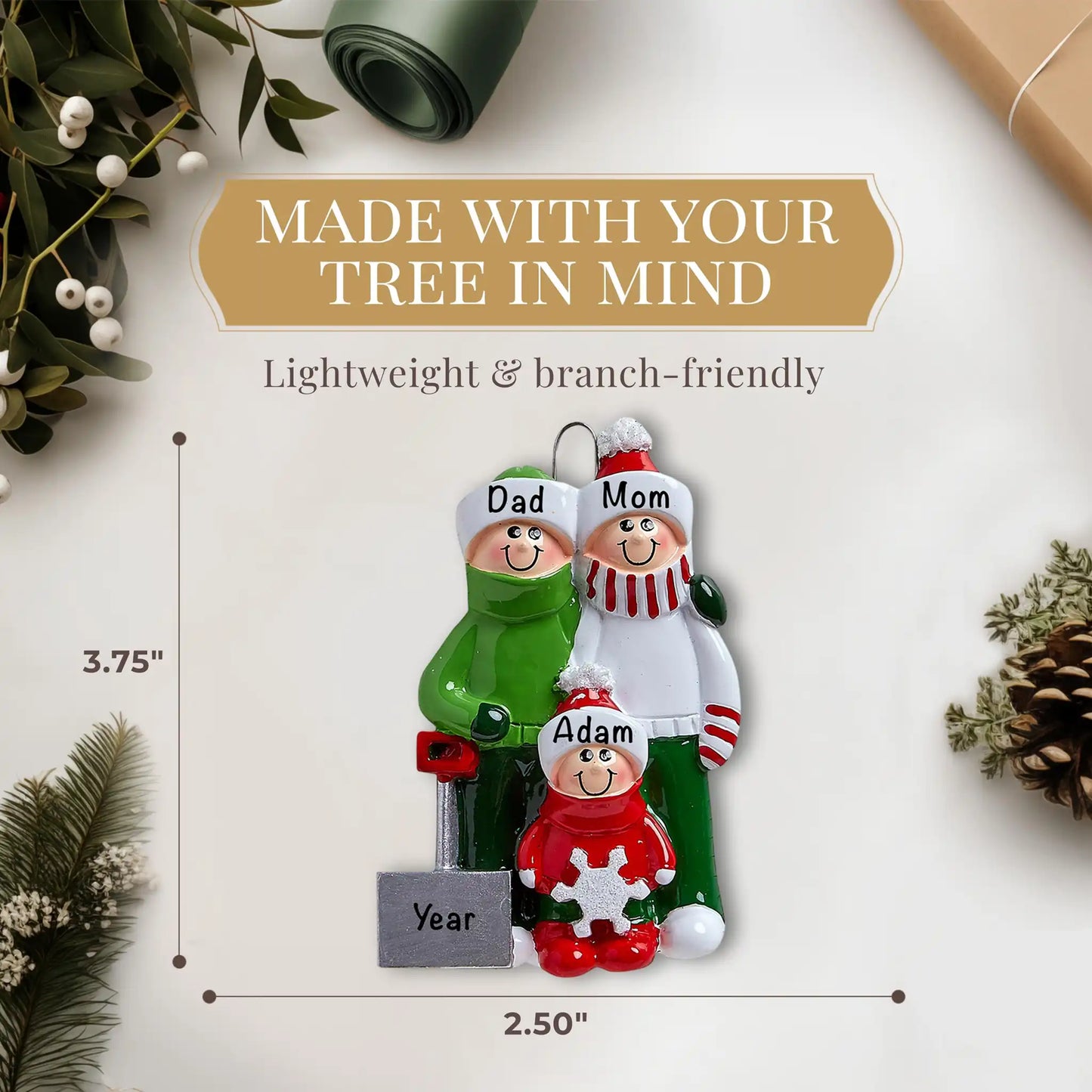 Adorno personalizado de familia de 3 palas de nieve 