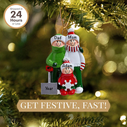 Adorno personalizado de familia de 3 palas de nieve 