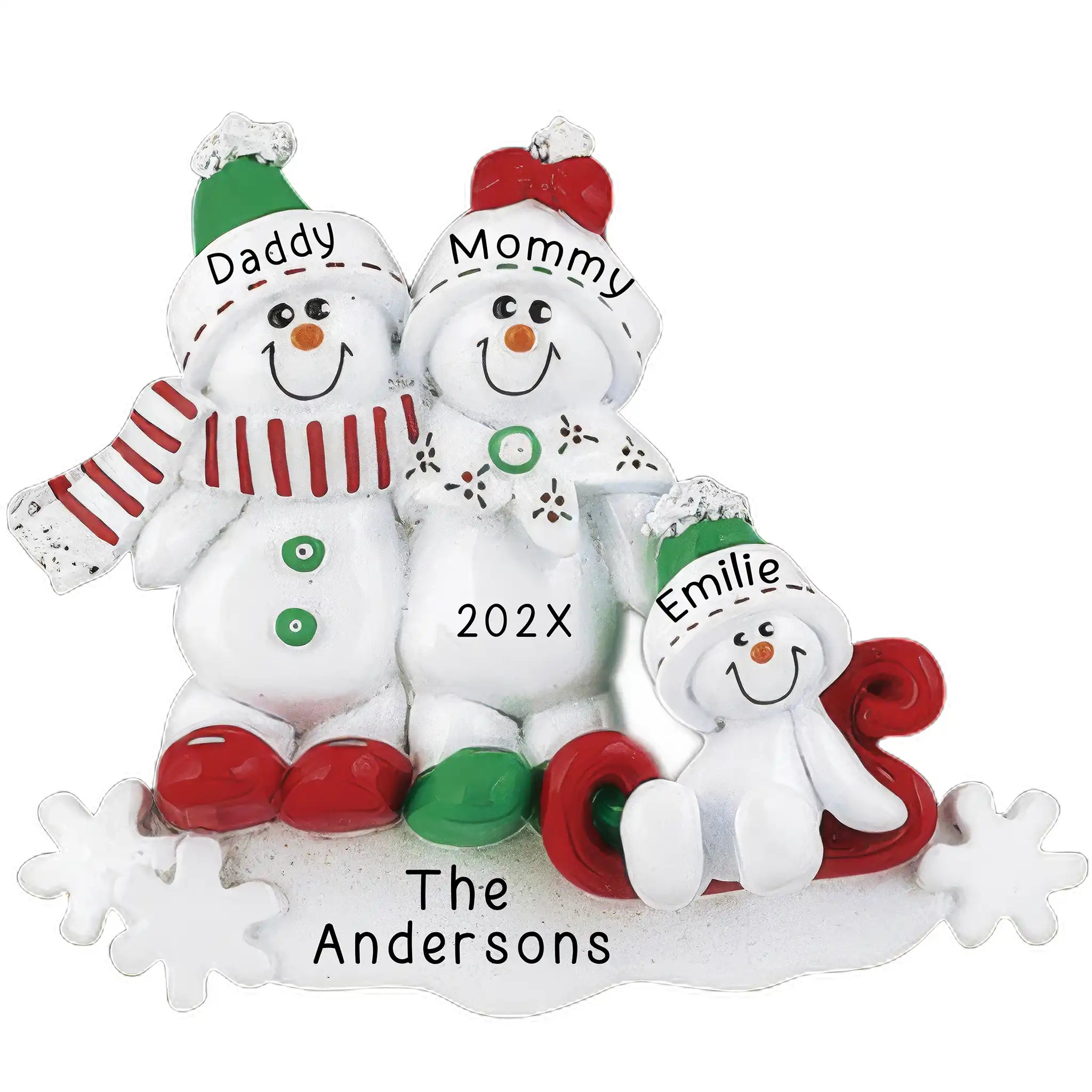 Personalized Christmas ornament featuring a snowman family of three (two adults and one child on a red sled) ready for custom name and year engraving on the snow base.
