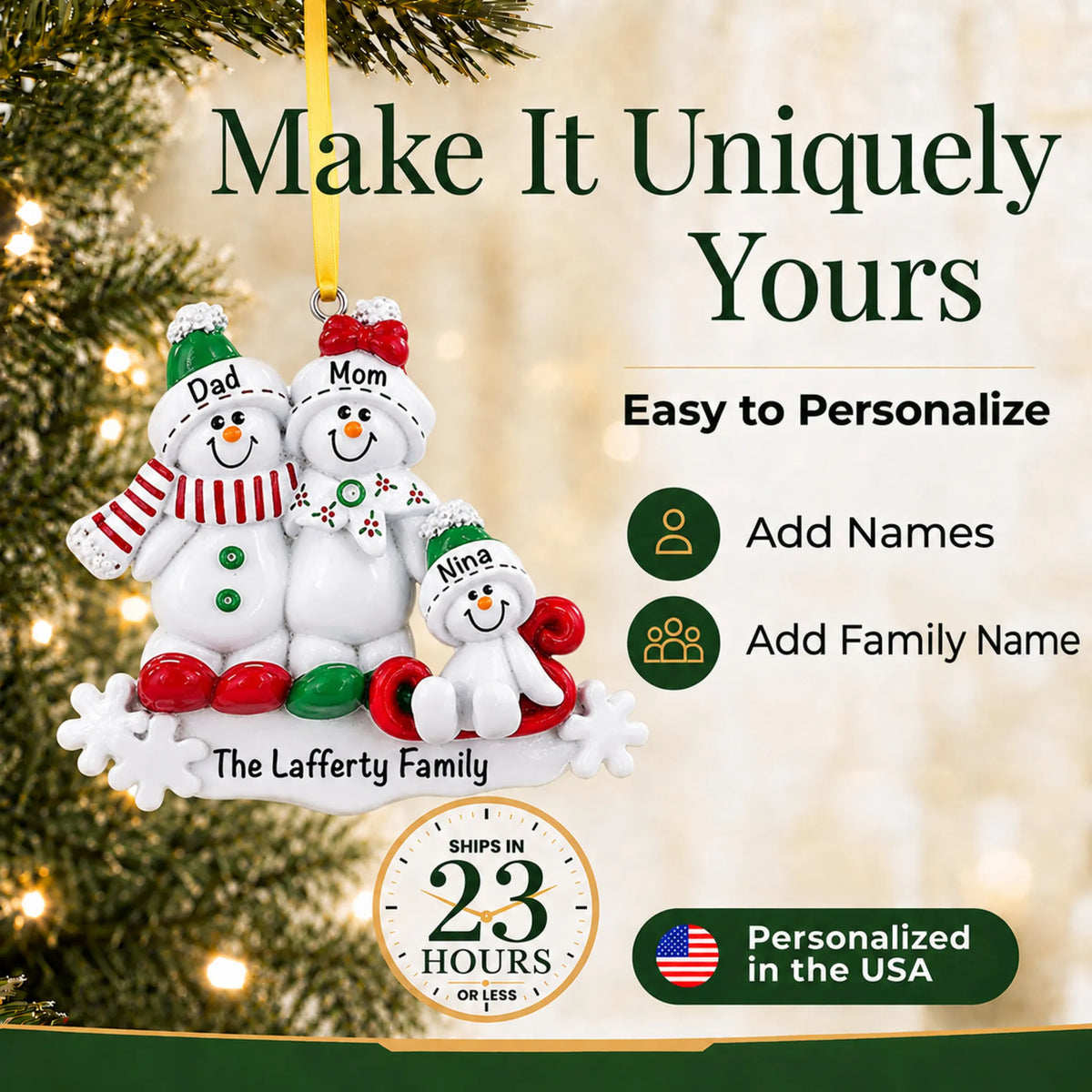 Make it yours: add names and year to the personalized snowman sled family of 3 christmas ornament
